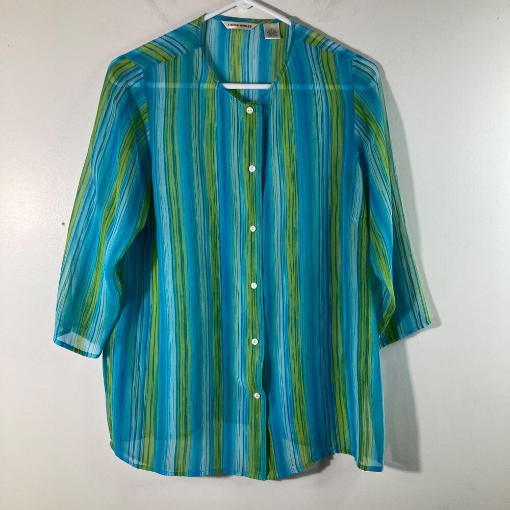Womens Laura Ashley Vintage Silk Striped Button Shirt 3/4 Sleeve S Blue Green Si
